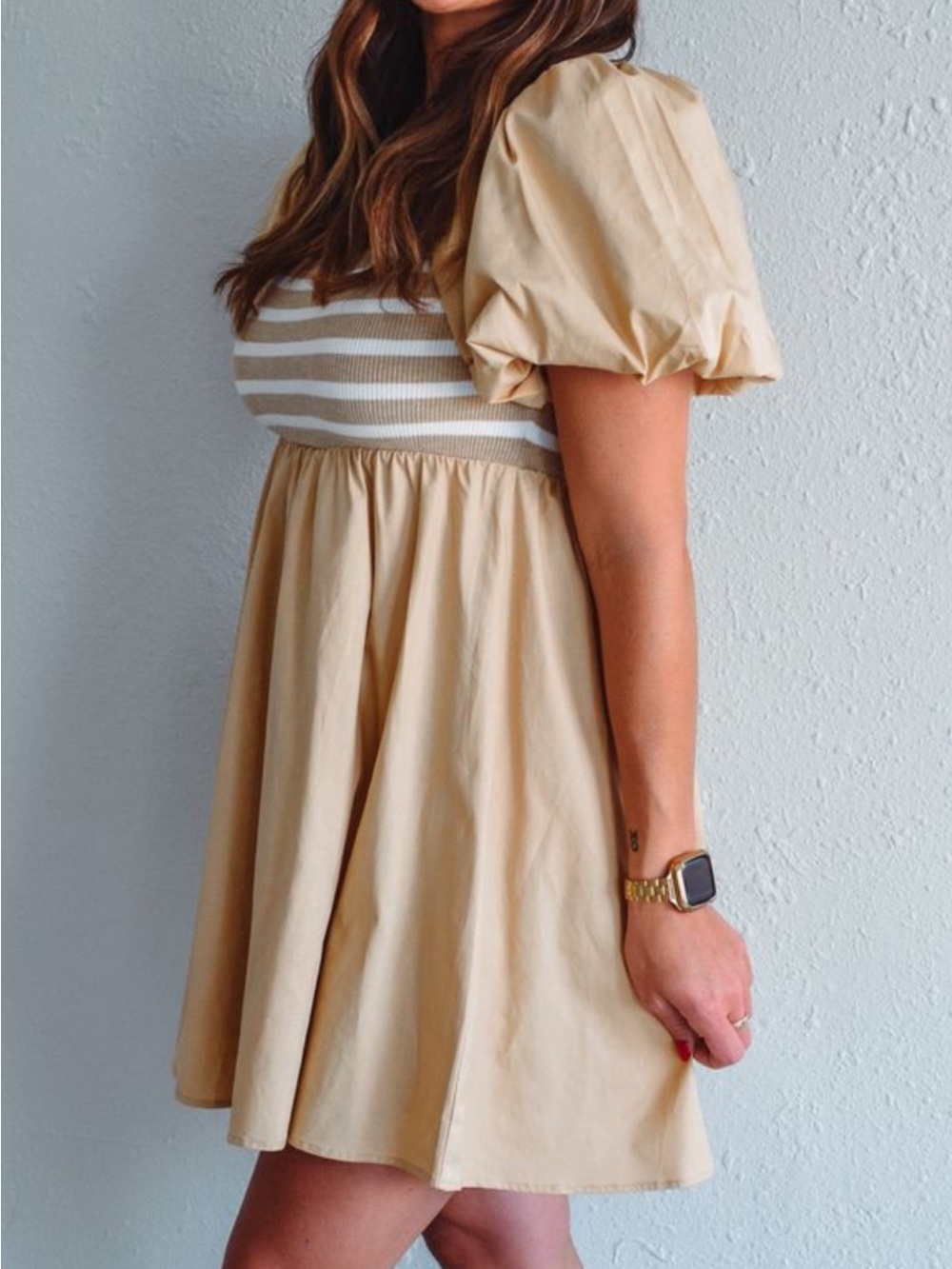 Beige Puff-Sleeve Striped Bodice Mini Dress by